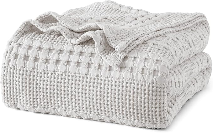 PHF 100% Cotton Waffle Weave Blanket Queen Size for Bed, Soft Lightweight & Breathable, All-Season Comfort, 300 GSM Luxury Aesthetic Blanket for Home Decor, 90"x90", Light Grey