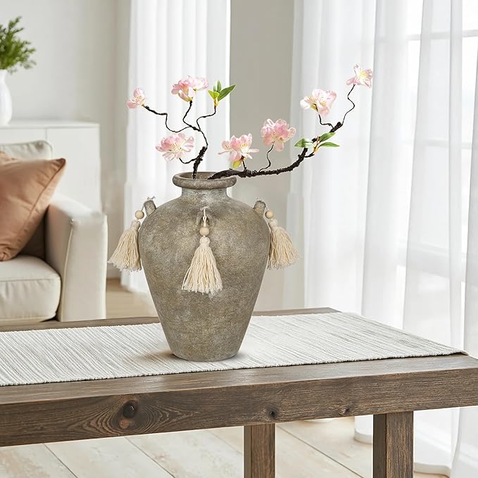 Large Decorative Ceramic Vase with Tassels, 9.4" Boho Flower Vase with Handles, Textured Rustic Farmhouse Vases for Home & Office Decor, Table Centerpiece, Living Room, Entryway, Wedding, Party Decor