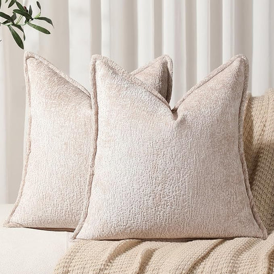 DEZENE Pack of 2 Tan Decorative Throw Pillow Covers 20x20 Cozy Soft Chenille Accent Vintage Square Couch Pillow Covers for Home Decor Bed Sofa Living Room