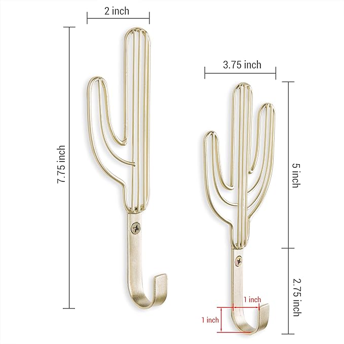 MyGift Wall Mounted Modern Brass Tone Metal Coat Hooks with Wire Saguaro Cactus Matching Shapes for Hanging Hats Coats Towels Leashes Keys, 2 Piece Set