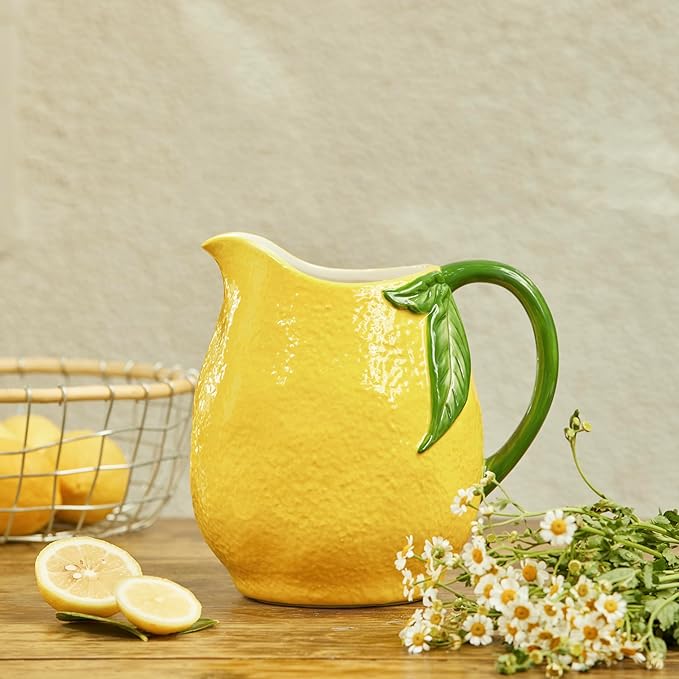 Bico Lemon Shape Cute Handpainted Stoneware Pitcher, Microwave & Dishwasher Safe, Jug for Water, Drinks, Mocktails