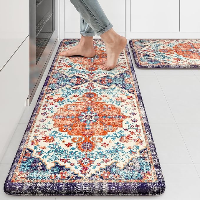KIMODE Anti Fatigue Kitchen Mat, Boho Vintage Kitchen Rugs Sets of 2, Cushioned Non-Slip Kitchen Mats for Floor, Comfort Kitchen Floor Mats for Sink, Laundry, Desk Orange/Purple,17"x47"+17"x29"