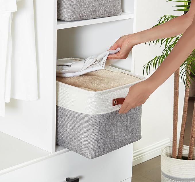 DECOMOMO Fabric Storage Baskets, Linen Closet Organizer Bins with Handles (White, Large - 3 Pack)