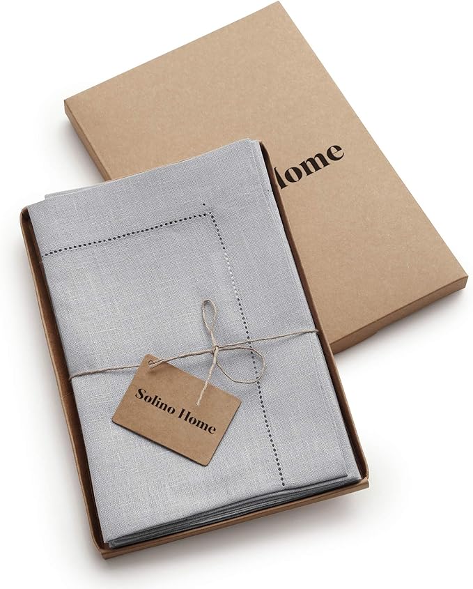 Solino Home Linen Napkins Set of 4 - Classic Hemstitch 100% Pure Linen Soft Grey Dinner Napkins Cloth 20 x 20 Inch for Winter, Spring, Easter - Handcrafted and Machine Washable