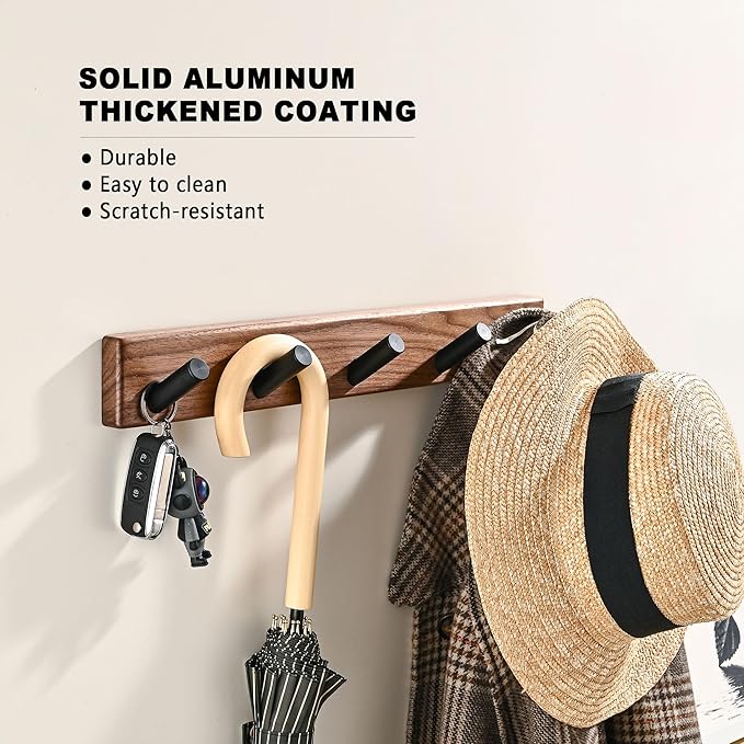 17.3" Small Wooden Coat Rack Wall Mounted with 5 Pegs Hooks, Entryway Wall Hooks Coat Hanger for Hanging Towel Jacket Clothes Hat Backpack Shoe Purse Key Holder Hook Rail by Black Walnut Wood