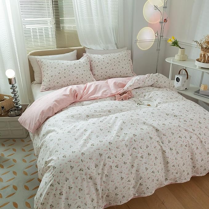 LifeTB Cotton Floral Duvet Cover Queen Girl Pink Flower Bedding Sets Garden Style Cotton Floral Comforter Cover Pink White Floral Bedding Sets Flower Branches Pattern Duvet Cover with Zipper Closure
