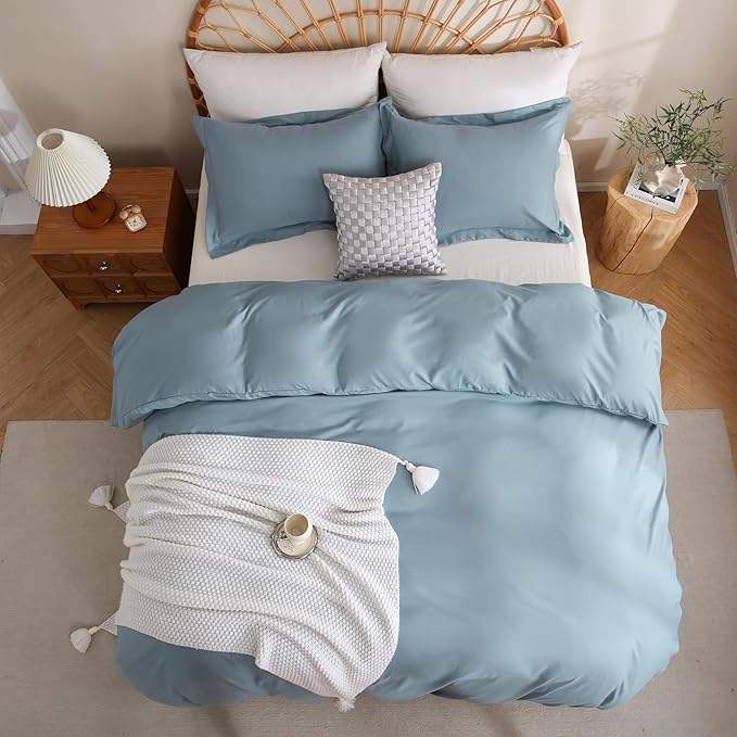 JSD Dusty Blue Duvet Cover Set Queen Size, 3 Piece Duvet Cover with Pillow Shams, Soft Brushed Microfiber Zipper Closure, Comforter Not Included