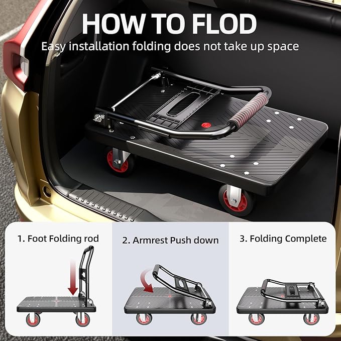 Upgraded Foldable Push Cart Dolly | 660 lbs. Capacity Moving Platform Hand Truck | Heavy Duty Space Saving Collapsible | 4‘’ TPR 360-Degree Silent Wheels | 2 Swivel Wheels and 2 Fixed Wheels