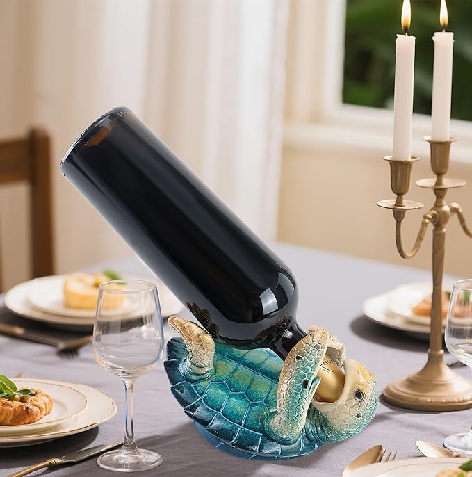 VVGIFTS Sea Turtle Decorative, Figurine Sea Turtle Wine Bottle Holder, Coastal Beach Decor, Resin Statue for Home Desk Tabletop, Ornament Gift Decorations (Bule)