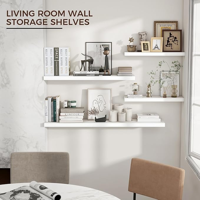 Floating Shelves for Wall 24"W x 6.7"D x 1.37"H, Engineered Wood Wall Shelves with Invisible Brackets for Living Room Bedroom Bathroom Office Kitchen Decor and Storage, White Finish, Set of 2