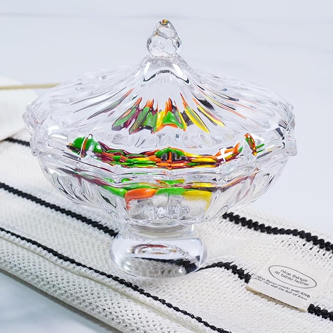 Glass Candy Dish with Lid 4oz, Clear Decorative Crystal Bowl with Thick Base – Small Dessert Bowl for Ice Cream, Jewelry, Candies, Nuts, Candle Holder, Party and Table Decor