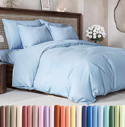 Duvet Cover Cal King Size Set - Extra Soft Cal King Size Duvet Cover 104 x 98 with 2 Pillow Shams - Hotel Luxury Easy Care and Fade Free w/Zipper Closures & Ties - Breathable Bedding Set (Sky Blue)