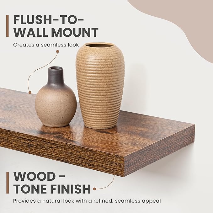 24 Inch Floating Shelves, 8 Inch Deep Floating Shelves for Wall, Hanging Shelf with Invisible Brackets, Deep Shelves for Bathroom, Bedroom, Living Room, Brown, Set of 2