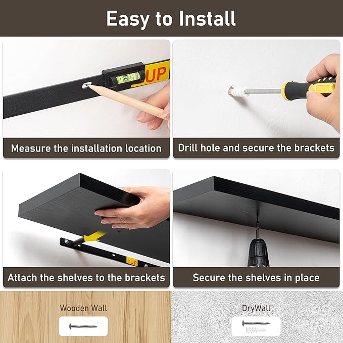 Fun Memories 40" Floating Shelves for Wall, 8 Inch Deep Floating Shelf for Books, Deep Bathroom Shelves Wall Mounted, Rustic Display Shelf for Kitchen, Bedroom, Living Room, Black Color, 2 Pack