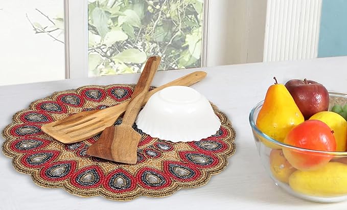Scalop Floral Beaded Charger & Placemats - 13" Round, Gold, Red, Grey - Holiday & Christmas