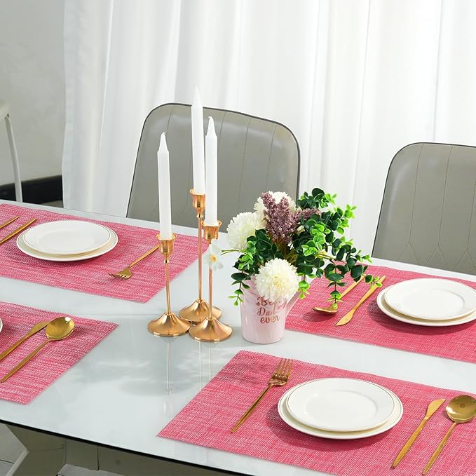 Placemats Set of 12，Christmas Decoration Non-Slip PVC Weave Table Mats Easy to Clean，Heat Resistant Place Mats for Kitchen Dining Table Decoration Indoor Outdoor，Red