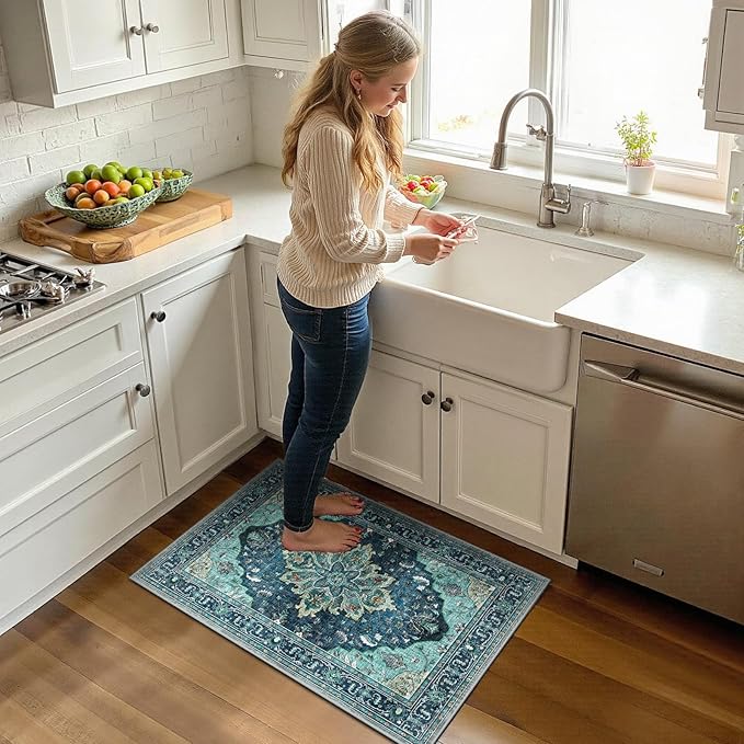 RELEANY Area Rugs 2'x3' Washable Non-Slip, Floral Vintage Distress Print Pattern Medallion Carpet for Living Room Bedroom Dining Room, Teal Green Lake Blue Turquoise