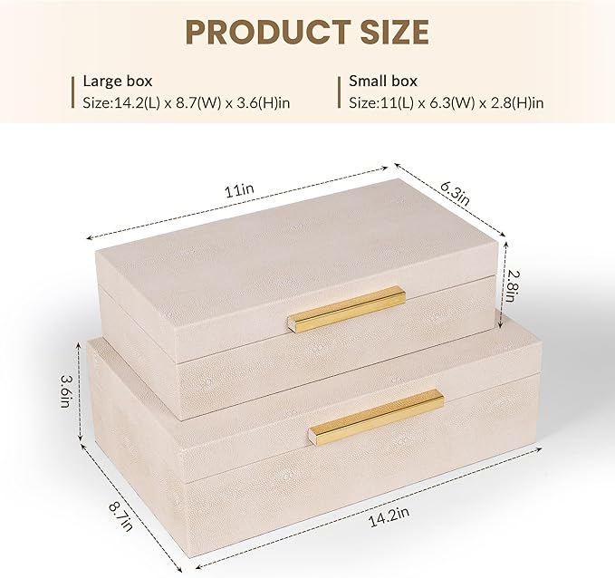 Hanna Roberts Faux Leather Stackable Nesting Jewelry Box with Lids Organizer – Set of 2 Beige Shagreen Decorative Storage Boxes with Gold Metal Handles