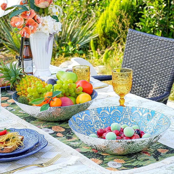 Sungmor 2PC 12.5'' Large Thick Glass Fruit Bowls, Moroccan Style Decorative Serving Bowls, Beautiful Centerpiece Snacks Bowl, Salad Mixing Bowl, Kitchen Counter Display Tray for Breads, Vegetables