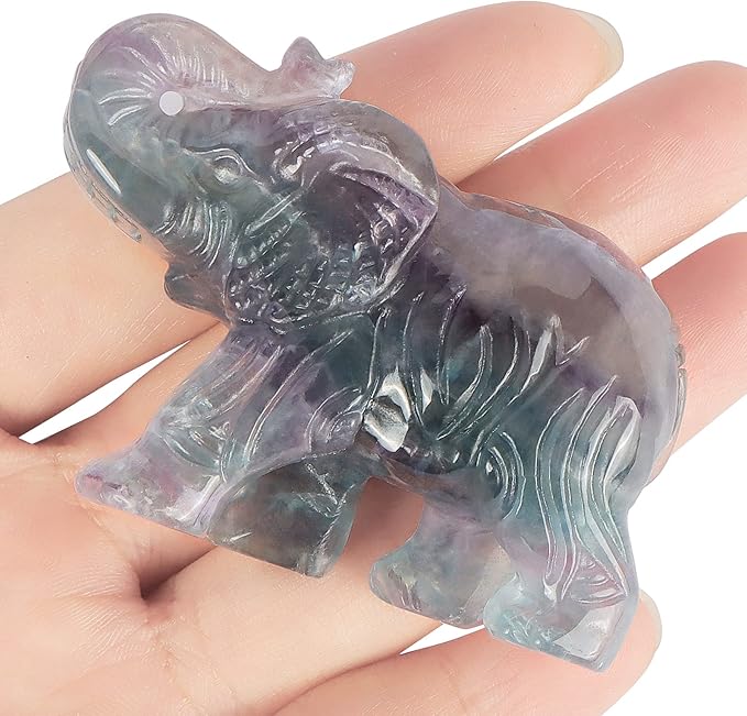 2.5" Rainbow Fluorite Crystal Elephant Decor Gemstone Hand Carved Animal Healing Statue Craft Home Office Gifts