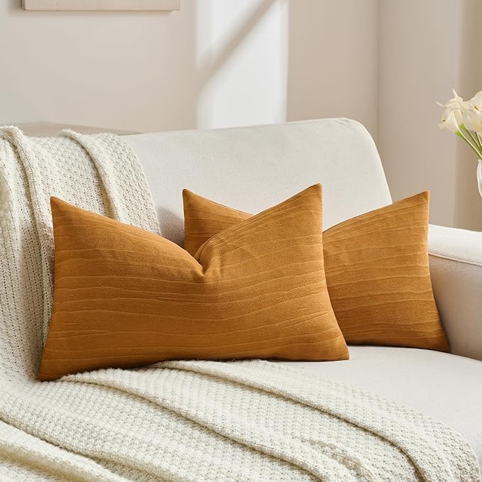 FUTEI Rust Chenille Decorative Throw Pillow Covers 12x20 Inch Set of 2,Soft Crushed Striped Texture Lumbar Pillow Cases,Modern Home Decor for Couch Bed Living Room