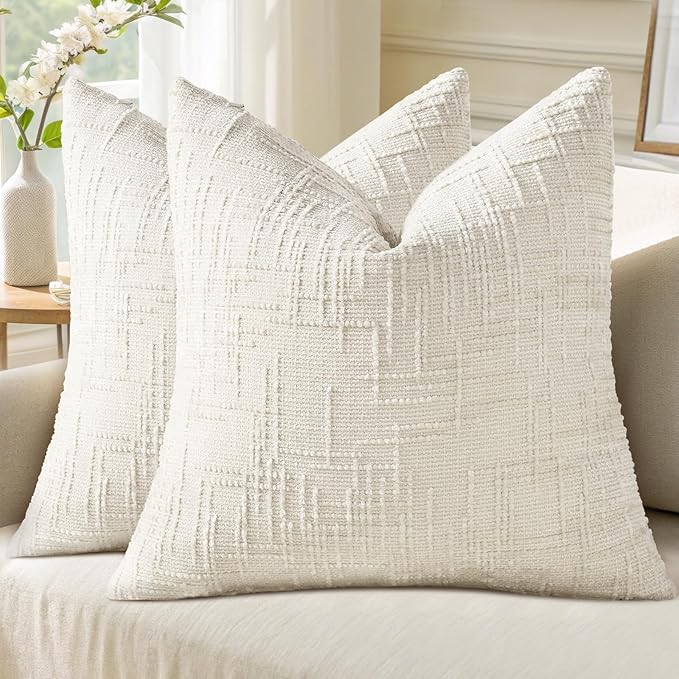decorUhome Spring Cream White Chenille Euro Sham Throw Pillow Covers 22x22 Set of 2 Textured Slubby Couch Pillow Covers Farmhouse Accent Modern Neutral Decorative Pillow Cases for Bed Sofa Living Room