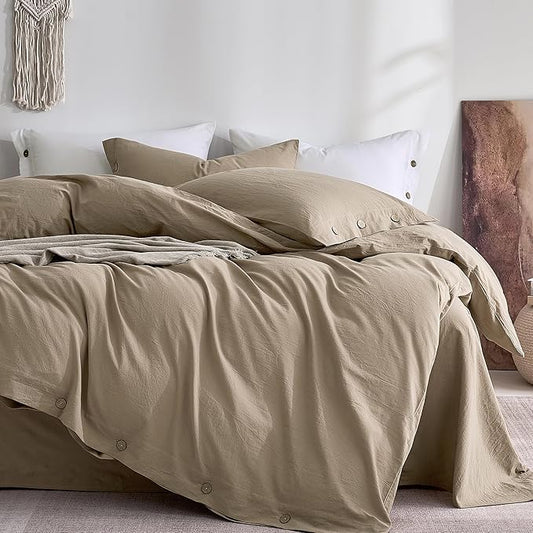 JELLYMONI 100% Washed Cotton Duvet Cover Queen – Soft, Breathable Linen-Look Bedding with Natural Wrinkle Texture, Button Closure, 3-Piece Set (Dusty Khaki, 90"x90")