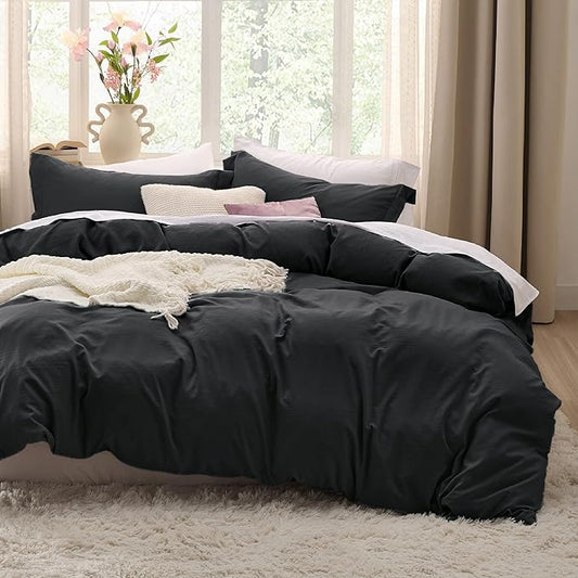 Bedsure Black Duvet Cover Full Size - 3 Pieces Prewashed Extra Soft Cotton-Like Bedding Set, Includes 1 Duvet Cover 80x90 Inches with Zipper Closure & 2 Pillow Shams, Comforter Not Included