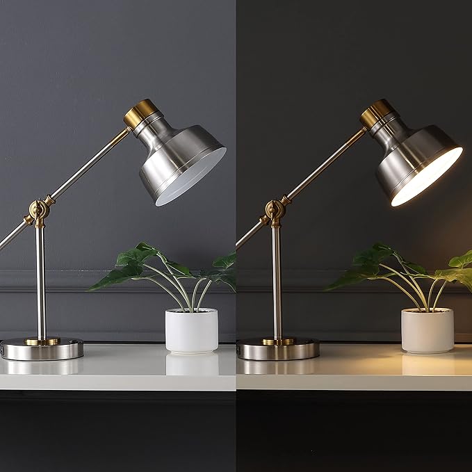 JONATHAN Y JYL7124B 18.5" Industrial Task Lamp with USB Charging Port, Nickel and Brass Farmhouse Desk Lamp with Adjustable Head for Office, Bedroom Bedside Reading, LED Bulb Included