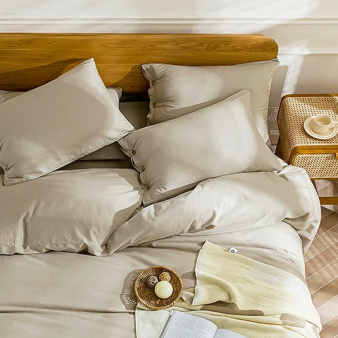 JELLYMONI Cotton Duvet Cover Cal King Size - Linen Gray Comforter Cover with Button 100% Washed Cotton 3PCS Breathable Soft Solid Bedding Set Duvet Cover 104×98in & 2 Pillowcases (NO Comforter)