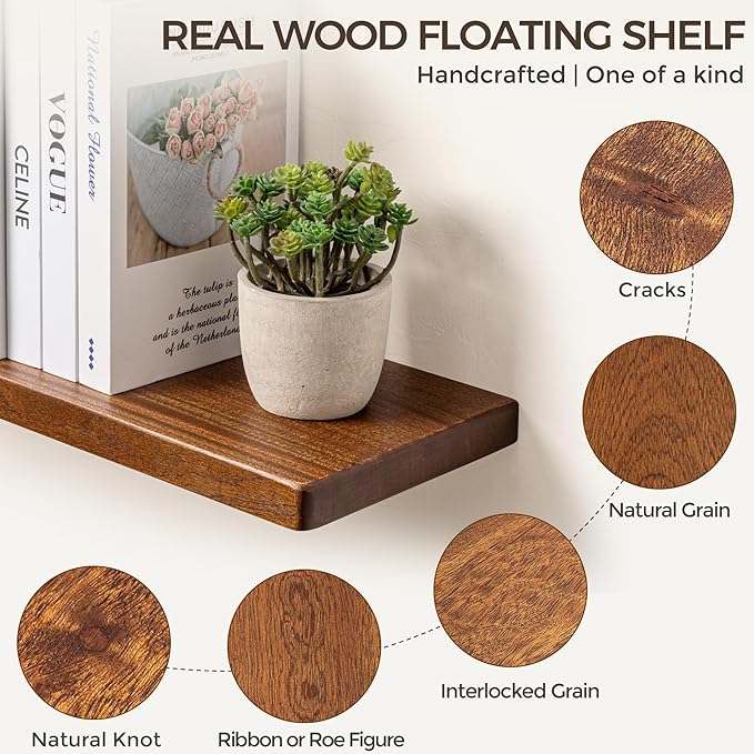 Fun Memories 24 Inch Floating Shelves, Rustic Solid Wood Wall Shelves Set of 2, 8 Inch Deep Floating Shelf for Bathroom, Bedroom, Heavy-Duty Wooden Shelf Wall-Mounted for Home Decor & Storage