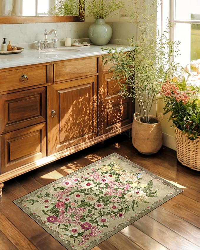 AREAMAY Door Mat Entrance 2x3 Rug - Floral Rugs Washable Small Area Rug Non-Slip Low Pile Carpet Throw Rugs for Indoor Entryway, Bedroom, Kitchen, Front Door, Entry, Kids Room - Brown