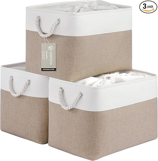 Large Storage Baskets- 16x12x12 inch Storage Bins for Shelves and Closet Organizing, Foldable Fabric Bin for Home Organization Clothes and Laundry (3-Pack, White&Khaki)