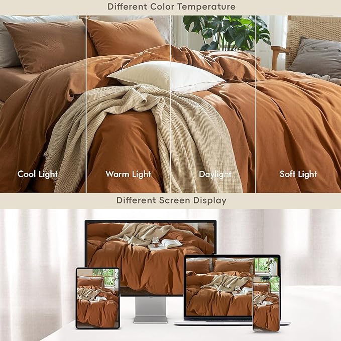 MooMee Bedding Duvet Cover Set 100% Washed Cotton Linen Like Textured Breathable Durable Soft Comfy (Solid Dark Orange, Super King 108"x98")