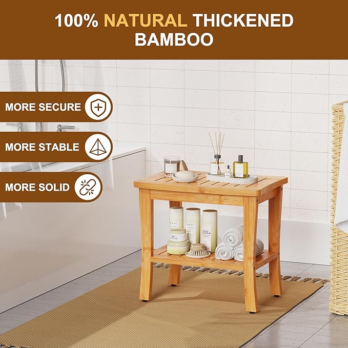 Bamboo Shower Bench Stool with Storage Shelf Waterproof Shower Chair Spa Bath Seat First Apartment Essentials New Home Must Haves Things Stuff Accessories House Warming Hostess Host