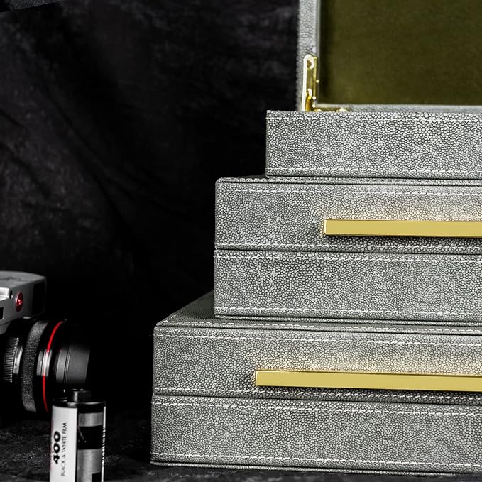 XINSTAR Faux Dark Grey Shagreen Leather Decorative Boxes,Decorative Storage Boxes With Lids 3 Pcs Set,Storage Boxes Jewelry Organizer,Women'S Accessory Organizer Men'S Jewelry Organizer