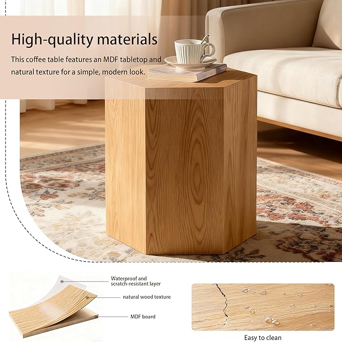 Modern Hexagonal Side Table, Walnut Wood MDF Coffee Table with Natural Texture, Non-Slip Surface, 15.7x13.8x18.9 Inches (Natural)