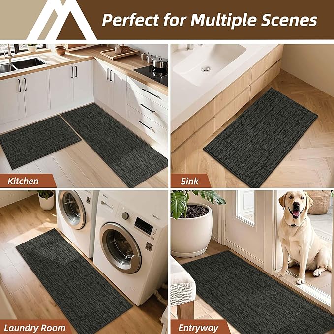 COSY HOMEER Kitchen Rugs 20"x32"+20"x48",Absorbent Soft Kitchen Mats for Floor,Non Slip Kitchen Runner Rug,Washable Kitchen Floor Mats for Sink Mat,Hallway,Laundry,Dark Grey