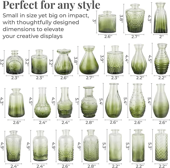 24 Pack Glass Vase in Bulk - BEAHOT Green Flower Bud Vases for Wedding Decorations, Glass Vase for Table Decorations, Small Vase for Home&Baby Shower, Mother's Day, Centerpieces, Party(Green Gradient)