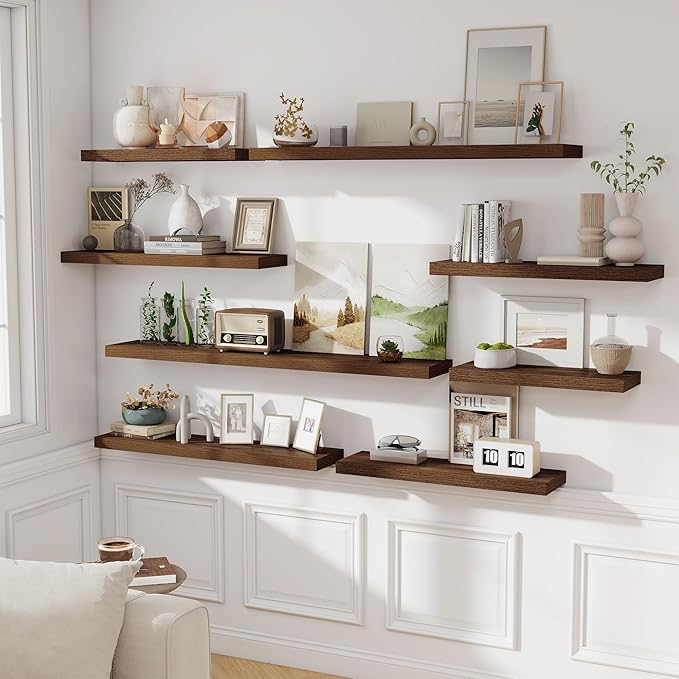 Fun Memories Floating Shelves - 2 Pack 30 Inch Long Rustic Wooden Wall Shelves - 8 Inch Deep Wall Mounted Storage Shelf with Invisible Heavy-Duty Brackets for Books, Bathroom, Kitchen - Walnut
