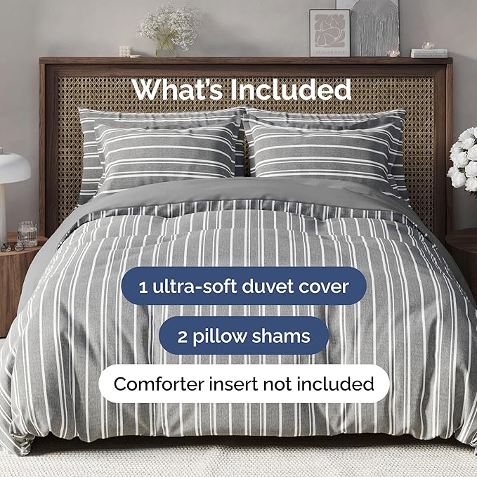 Duvet Cover King Size Set - Extra Soft King Size Duvet Cover 104 x 90 with 2 Pillow Shams - Hotel Luxury Easy Care and Fade Free w/Zipper Closures & Ties - Comfy Breathable Bedding Set (Grey Stripes)