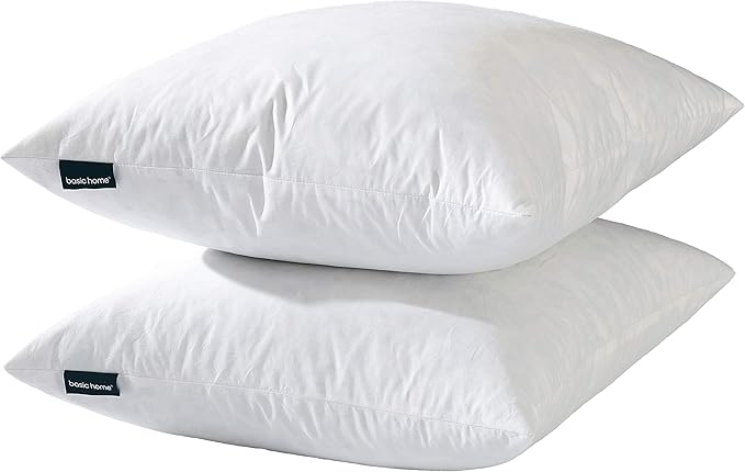 basic home 18x18 Decorative Throw Pillow Inserts-Down Feather Pillow Inserts-Square-Cotton Fabric-Set of 2-White.