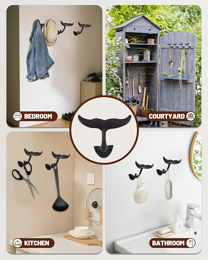 Wall Hooks for Hanging - Cast Iron Vintage Wall Decor Coat Rack - Vintage Rustic Design Hat Hooks for Kitchen, Entryway - Handmade Heavy Duty Key Hook (Whale Tail)