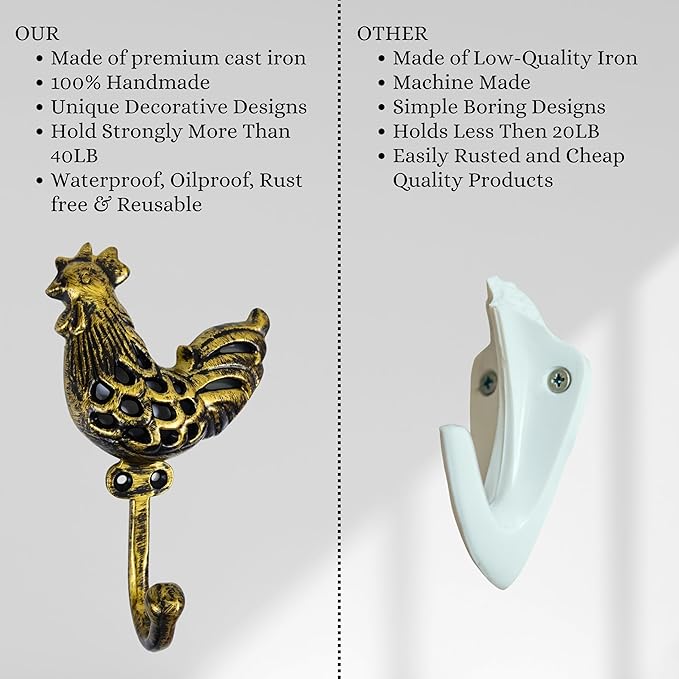Set of 3 Cast Iron Rooster Shape Coat Hooks Wall Art Decor-Rooster Shape Hangers and Key Holder-Clothes Rack and Backpack Hanger-Coat Hooks Home Decor for Storage, Living Room,Hallway (Brass Antique)
