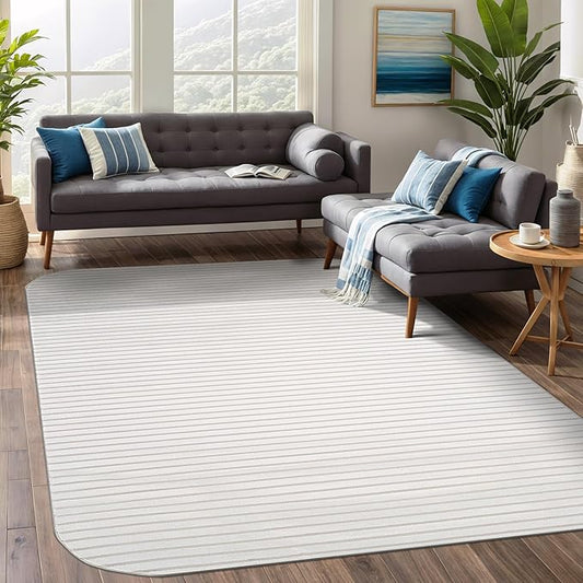 Beverly Rug Modern Geometric Area Rug 6x9 Low-High Pile Durable Soft Abstract Striped Indoor Rugs for Living Dining Room Office Stain Resistant Non Shedding Casual Indoor Carpet Beige White 6 x 9