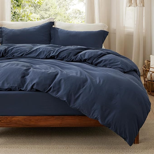 Bedsure Duvet Cover King Size with Fitted Sheet - 4 Pieces Prewashed Cotton-Like Extra Soft Bedding Set, Includes 1 Duvet Cover 104x90 Inches with Zipper Closure, 2 Pillow Shams, 1 Fitted Sheet, Navy