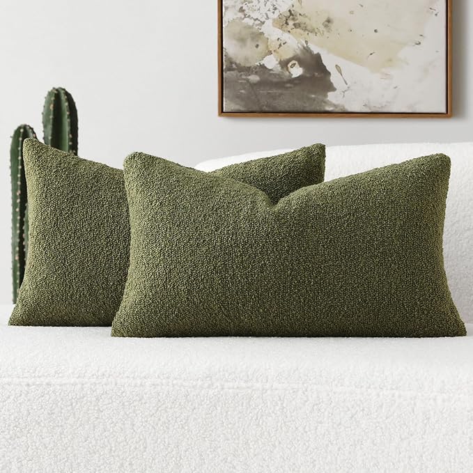 FUTEI Pack of 2 Moss Green Decorative Throw Pillow Covers 12x20 Inch Soft Cozy Solid Boucle Textured Lumbar Pillow Cases,Modern Home Decor for Couch Bed Living Room