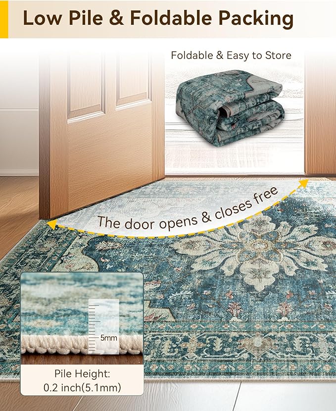RELEANY Area Rugs 2'x10' Washable Non-Slip, Floral Vintage Distress Print Pattern Medallion Carpet for Living Room Bedroom Dining Room, Dark Blue Vintage