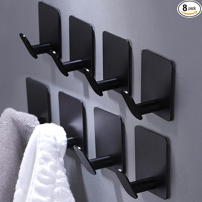 DELITON 8 Pack Adhesive Towel Hooks - Bathroom Towel/Wall Hooks for Hanging Coat Robe Stick on Bathroom or Kitchen Matte Black Stainless Steel