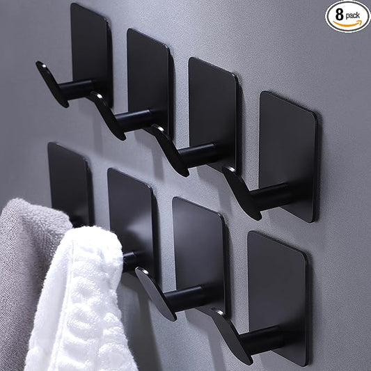 DELITON 8 Pack Adhesive Towel Hooks - Bathroom Towel/Wall Hooks for Hanging Coat Robe Stick on Bathroom or Kitchen Matte Black Stainless Steel